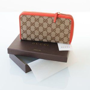 Gucci GG Original Beige Logo Canvas Leather Zip Around Sun Orange Wallet - NWT